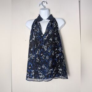 Ramy Brooks Silk Blouse Blue Leopard Print High Neck Sleeveless Sz Xs